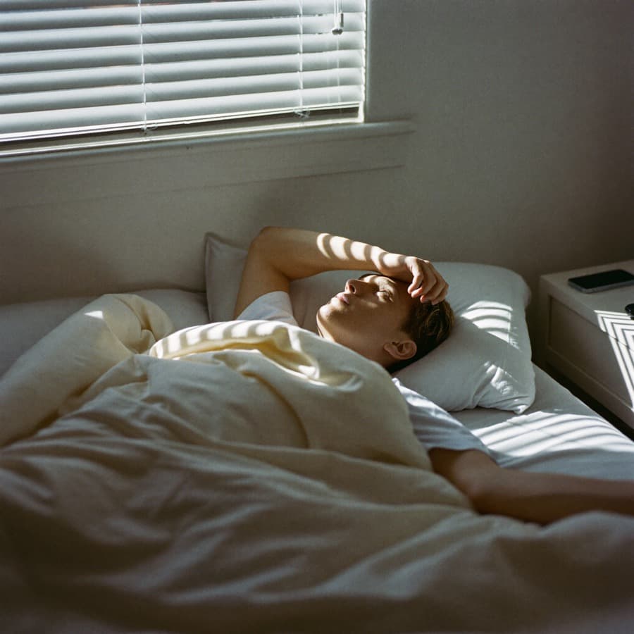 Shift worker lying awake in a dim bedroom, unable to sleep after a night shift