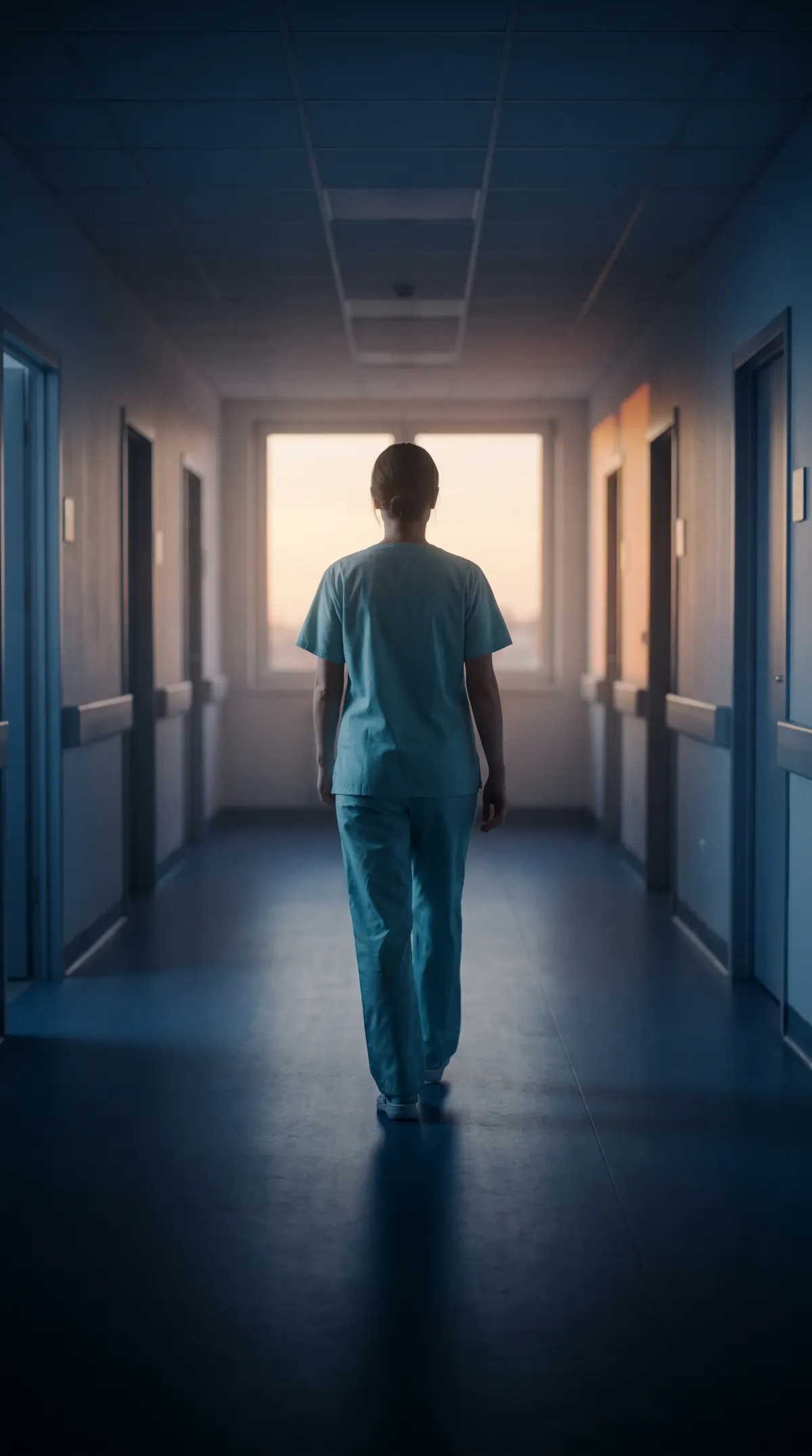 Nurse walking down a hospital corridor toward a warm sunrise window — a different ending