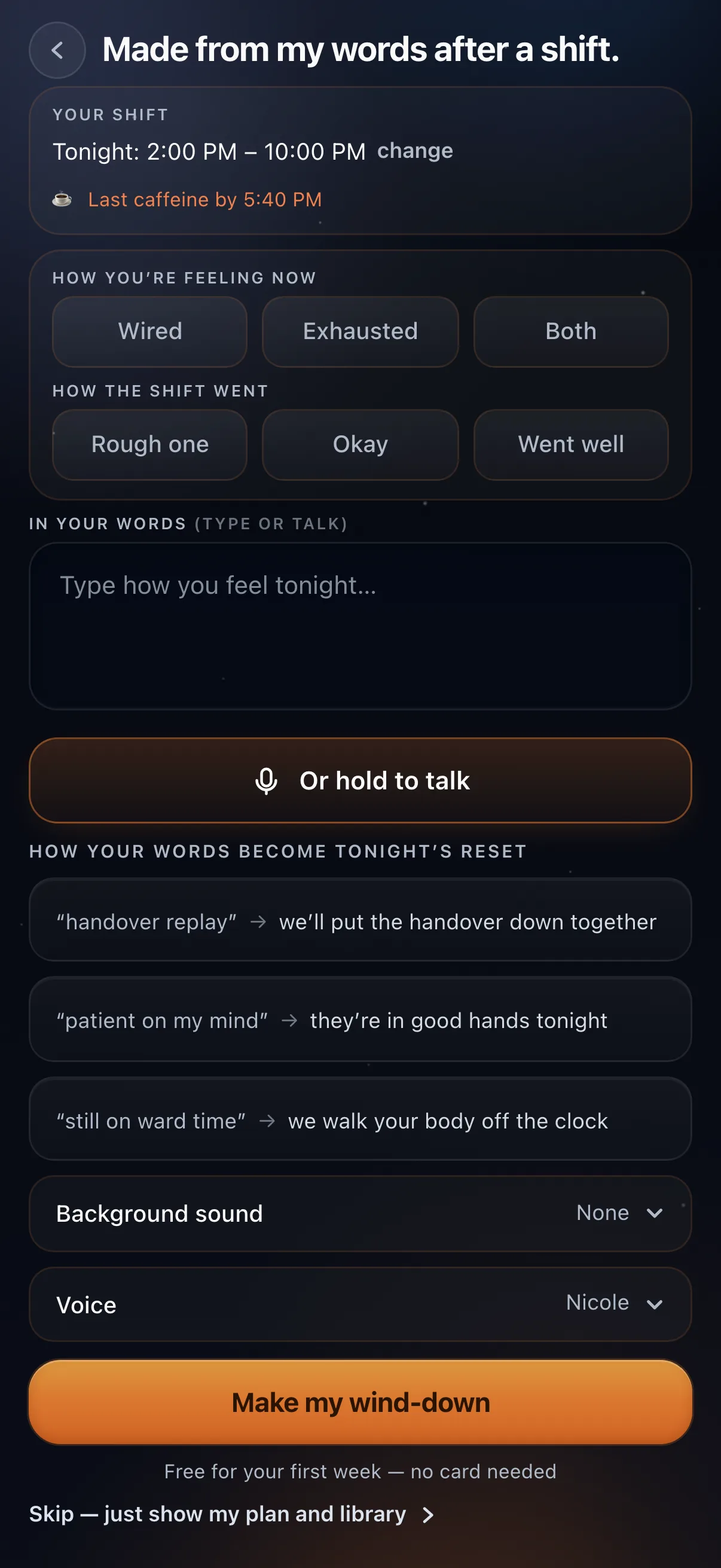 AI-Guided Reset — A personalised audio reset, shaped to your role and how this shift actually went.