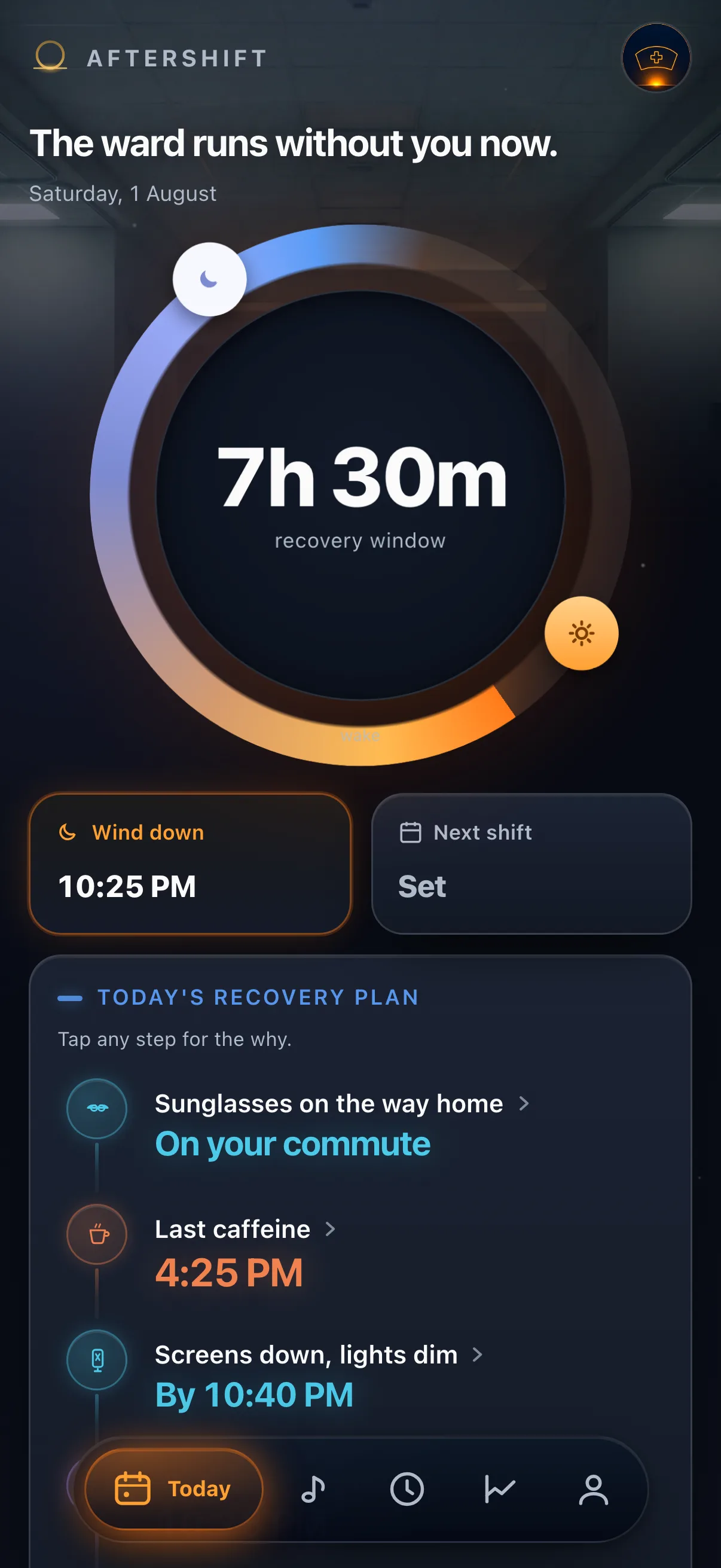 AfterShift — tonight's plan, your real sleep window calculated from your roster